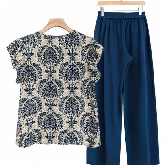 Shein Lune Size 2XL V Neck Ruffled Sleeve Top & Pants 2 Piece Set - Picture 2 of 4